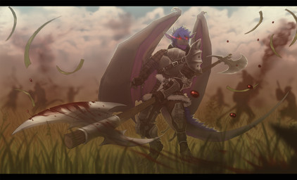 anthro armor axe battle biped blood blue_hair bodily_fluids bracers breastplate clothed clothing fantasy_weapon field grass greataxe greaves hair leather leather_armor male mane melee_weapon membrane_(anatomy) membranous_wings outside pauldron plant red_eyes solo standing tail weapon wings hitmore mythology quil dragon mythological_creature mythological_scalie scalie