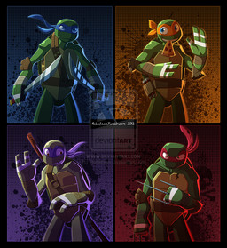 anthro black_border border domino_mask dual_wielding eating eyemask eyewear food front_view group holding_melee_weapon holding_object holding_sword holding_weapon looking_at_viewer male mask melee_weapon sword waving_hand weapon rubaface teenage_mutant_ninja_turtles donatello_(tmnt) leonardo_(tmnt) michelangelo_(tmnt) raphael_(tmnt) reptile scalie turtle 2012 blue_theme color_contrast digital_media_(artwork) orange_theme portrait purple_theme red_theme source_request three-quarter_portrait