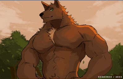 anthro chest_tuft leaf male muscular muscular_male pecs solo tuft shibziroo art_fight kyoot_(snakedakyoot) canid canine canis coyote domestic_dog equid equine horse hybrid mammal animated animated_gif short_playtime