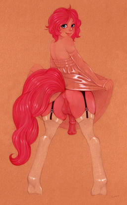 animal_genitalia animal_penis anus arm_warmers armwear backsack balls blue_eyes butt clothed clothing clothing_lift crossdressing crossgender dress dress_lift equine_genitalia equine_penis femboy ftm_crossgender garter_straps genitals hair half-erect humanoidized legwear looking_at_viewer looking_back male male_humanoid no_underwear penis pink_hair presenting presenting_hindquarters simple_background smile solo split_form standing stockings tail text upskirt fuchs friendship_is_magic hasbro my_little_pony pinkie_pie_(mlp) animal_humanoid equid equid_humanoid equine horse humanoid mammal mammal_humanoid pony satyr absurd_res artist_name full-length_portrait hi_res portrait