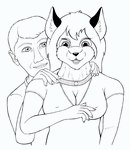 anthro bernard_doove breasts canid canine choker cleavage clothed clothing duo female fox fur greyscale hair human jewelry male male/female mammal monochrome necklace nipple_outline open_mouth shirt simple_background topwear white_background