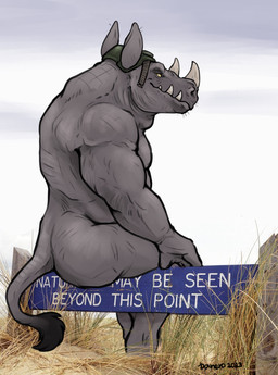 anthro butt grey_body horn looking_at_viewer looking_back looking_back_at_viewer male nude sitting solo tail tail_tuft text tuft yellow_sclera danero teenage_mutant_ninja_turtles rocksteady mammal rhinoceros 2023 absurd_res english_text hi_res photography_(artwork)