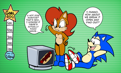 anthro belly blue_body blue_boots blue_clothing blue_footwear blue_fur boots brown_body brown_fur chili_dog clothing dialogue duo electronics female food footwear fur growth_drive hair hot_dog hot_sauce male male/female monitor quills_(anatomy) red_clothing red_footwear red_hair red_shoes shoes speech_bubble tan_arms tan_belly text weight_gain_drive floofyboyetime archie_comics sega sonic_the_hedgehog_(archie) sonic_the_hedgehog_(comics) sonic_the_hedgehog_(series) sally_acorn sonic_the_hedgehog chipmunk eulipotyphlan ground_squirrel hedgehog hybrid mammal rodent sciurid tree_squirrel colored digital_drawing_(artwork) digital_media_(artwork) english_text hi_res
