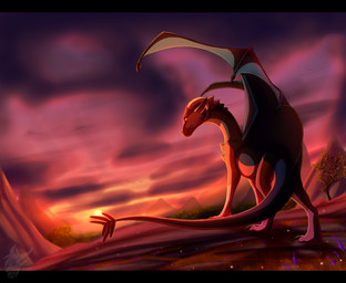 ambiguous_gender black_bars claws detailed_background feral horn membrane_(anatomy) membranous_wings outside sky solo standing sunset tail wings skaydie european_mythology mythology dragon mythological_creature mythological_scalie scalie western_dragon 2014 digital_media_(artwork) letterbox