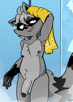 anthro balls big_balls big_penis black_body black_eyes black_fur black_glans black_inner_ear black_nipples black_nose black_stripes chest_tuft circumcised facial_markings flaccid front_view fur genitals glans gloves_(marking) grey_balls grey_body grey_fur grey_hair grey_penis hair head_markings holding_object holding_towel humanoid_genitalia humanoid_penis inside looking_up male markings mask_(marking) nipples nude penis raised_arm sharp_teeth shower smile solo steam striped_body striped_fur striped_markings striped_tail stripes tail tail_markings teeth tile tile_wall towel tuft wall_(structure) water wet felino trick_(tricktrashing) mammal procyonid raccoon 2021