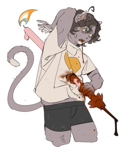 antenna_hair anthro blood blood_from_mouth blood_in_mouth blood_on_clothing blood_on_mouth bodily_fluids bottomwear brown_hair candle clothing ear_piercing ear_ring fire gore grey_body grey_skin hair highlights_(coloring) holding_object impalement long_tail looking_at_object looking_back male oversized_object piercing pointy_ears raised_arm reaching_out ring_piercing shirt short_hair shorts simple_background solo sweat sweatdrop tail topwear white_highlights yellow_eyes ddcrushh dylan_(ddcrushh) felid feline mammal digital_drawing_(artwork) digital_media_(artwork) hi_res portrait three-quarter_portrait trans_(lore) trans_man_(lore)