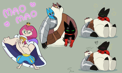 1_eye :3 anthro belly black_body black_fur blush crown cybernetic_arm cybernetic_limb cybernetics disability embarrassed eye_patch eyewear female fur green_eyes group headgear kneading machine male male/male muscular muscular_male overweight overweight_male pecs prosthetic prosthetic_arm prosthetic_limb royalty text sue_pinkheel cartoon_network mao_mao:_heroes_of_pure_heart adorabat badgerclops king_snugglemagne_xxv sheriff_mao_mao_mao badger bat cyborg domestic_cat felid feline felis lion mammal mustelid musteline pantherine japanese_text translation_request