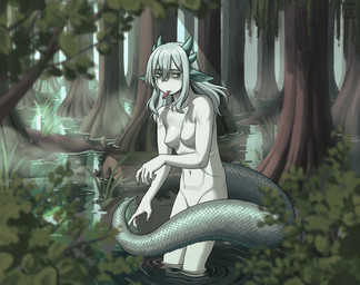 4_horns abdominal_scar blind_eye breasts convenient_censorship eye_scar facial_scar featureless_breasts female forked_tongue green_eyes green_hair grey_eyes hair heterochromia horn log long_hair medium_breasts multi_horn nails navel non-mammal_breasts nude partially_submerged plant pupils scales scaly_tail scar sharp_nails shrub sidelocks skinny skinny_female skinny_humanoid slit_pupils solo standing standing_in_water swamp tail tail_censorship tasteful_nudity tongue tongue_out tree water wood chimeracauldron mythology animal_humanoid humanoid mythological_basilisk mythological_creature mythological_scalie reptile reptile_humanoid scalie scalie_humanoid snake_humanoid absurd_res hi_res