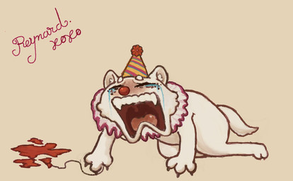 anthro balloon bodily_fluids clothing crying hat headgear headwear inflatable kneeling male open_mouth solo tail tears teeth teeth_showing text tongue wearing_hat reynard_goodfellow hi_res meme