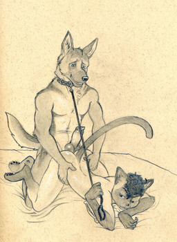 animal_genitalia animal_penis anthro ass_up bed canine_genitalia canine_penis collar dominant dominant_male duo erection furniture genitals hot_dogging knot leash leash_pull leashed_top looking_back lying male male/male nude on_bed on_front penis power_bottom raised_tail sex smile spread_legs spreading submissive submissive_male tail tush_(artist) canid canine canis domestic_cat domestic_dog felid feline felis german_shepherd herding_dog mammal pastoral_dog siamese_cat graphite_(artwork) hi_res monochrome traditional_media_(artwork)