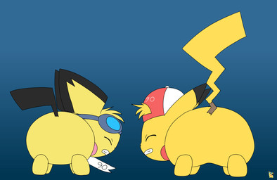 backwards_baseball_cap backwards_hat baseball_cap butt clenched_teeth clothing duo eyes_closed eyewear eyewear_on_head feral fur goggles goggles_on_head hat headgear headwear logo male scarf shaking_butt simple_background teeth white_scarf yellow_body yellow_fur pichu90 nintendo pokemon jolts_(pichu90) sparks_pichu generation_1_pokemon generation_2_pokemon pichu pikachu pokemon_(species) animated artist_logo hi_res