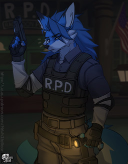 angle_view anthro belt belt_buckle blue_body blue_eyes blue_fur blue_hair bottomwear buckle bulletproof_vest claws clothed clothing detailed_background elbow_pads finger_claws fingerless_gloves fingers flag flag_(object) flashing flashlight fluffy fluffy_ears fluffy_hair fluffy_tail from_front_position fur gloves gun hair half-closed_eyes handgun handwear holding_flashlight holding_object holding_weapon long_hair long_sleeves looking_at_viewer male male_anthro narrowed_eyes neck_tuft nervous_look outside pants pistol police police_station police_uniform ranged_weapon solo standing suspicious tactical_belt tactical_gear tactical_pants tail text topwear tuft uniform weapon mrwhitebear capcom resident_evil canid canine fox mammal 2025 absurd_res digital_media_(artwork) hi_res url