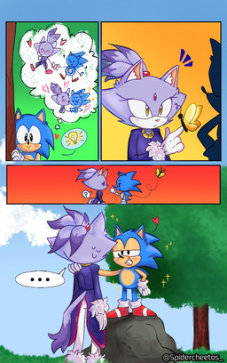 anthro blush bodily_fluids chibi detailed_background duo female grass green_background heart_symbol imagination love male male/female narrowed_eyes nervous plant red_background rock simple_background sky smile sweat tree yellow_background spidercheetos classic_sonic_(universe) sega sonic_the_hedgehog_(series) blaze_the_cat classic_sonic sonic_the_hedgehog arthropod butterfly domestic_cat eulipotyphlan european_hedgehog felid feline felis hedgehog insect lepidopteran mammal comic hi_res meme