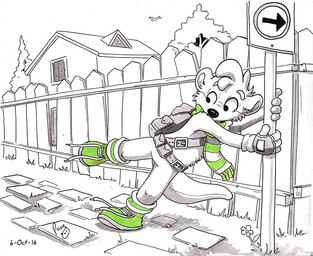 anthro building cheek_tuft clothing facial_tuft fence footwear front_view gloves handwear house logo male pattern_clothing pattern_scarf plant scarf shoes sign solo standing striped_clothing striped_scarf stripes tail tree tuft young young_anthro young_male pandapaco ambient_bird mammal mustelid otter 2016 artist_logo dated monochrome partially_colored signature
