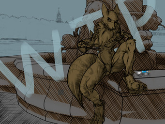 3_toes 3d_background breasts clothing digitigrade exposed_breasts feet fountain looking_at_viewer one-piece_swimsuit one_eye_closed paws smile smirk solo swimwear tearing_clothing tearing_own_clothing text toes topwear torn_clothing torn_topwear wink winking_at_viewer drqube bandai_namco digimon digimon_(species) renamon 4:3 absurd_res cross-hatching distracting_watermark english_text hatching_(art) hi_res line_art shaded sketch unfinished watermark