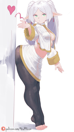 against_surface against_wall big_butt bottomwear breasts butt butt_squish cleavage clothed clothing female green_eyes hair humanoid_pointy_ears leggings legwear navel pigtails pointy_ears skirt small_breasts solo squish thick_thighs tight_clothing under_boob white_hair duffmox frieren_beyond_journey's_end frieren elf humanoid 9:16 absurd_res hi_res