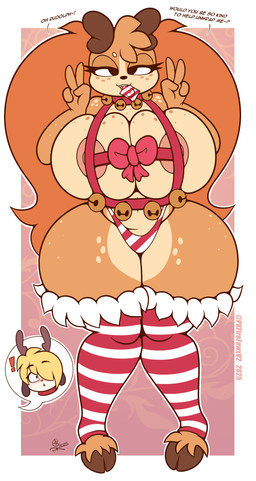 anthro areola areola_slip big_breasts biped blonde_hair blush breasts brown_body clothed clothing cloven_hooves condom dialogue eyelashes female gesture hair hair_over_eye hand_gesture hooves huge_breasts legwear object_in_mouth panties pupils sexual_barrier_device skimpy smile text thick_thighs thigh_highs underwear v_sign wide_hips pkfirefawx canid canine canis deer domestic_dog mammal new_world_deer reindeer absurd_res hi_res