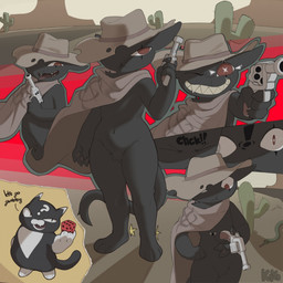 3_toes 4_fingers 4_toes accessories_only anthro barefoot belly big_hat biped black_body black_ears black_eyes black_fur black_tail blind_eye brown_cloak brown_clothing brown_eyes brown_hat brown_headwear brown_pawpads butt cactus casual_nudity cloak clothing cowboy_hat crotch_tuft curvy_figure day desert dessert detailed_background dialogue dice duo exclamation_point eye_scar eyes_closed facial_markings facial_scar featureless_crotch feet fingers food forehead_markings frown fur gloves_(marking) grin gun half-closed_eyes handgun hat head_markings headgear headwear holding_dice holding_gun holding_handgun holding_object holding_ranged_weapon holding_revolver holding_weapon long_tail looking_at_object male markings monotone_body monotone_fur mostly_nude multicolored_body multicolored_cloak multicolored_clothing multicolored_ears multicolored_fur multicolored_skin narrowed_eyes navel nude one_eye_closed onomatopoeia open_mouth open_smile outside pawpads plant public public_nudity pupils question_mark ranged_weapon red_eyes revolver road scar serious_face sharp_teeth simple_background slit_pupils smile smirk smug_face snaggle_tooth sound_effects standing surprised tail tan_cloak tan_clothing tan_hat tan_headwear teeth text thick_thighs toes tongue tongue_out toothy_grin tuft two_tone_body two_tone_cloak two_tone_clothing two_tone_ears two_tone_fur two_tone_hat two_tone_skin weapon white_body white_ears white_fur white_markings white_nose white_sclera wide_hips k1ko mewgenics gambit_(mewgenics) zodiac_(mewgenics) ambient_arthropod ambient_fly ambient_insect ambient_snake arthropod domestic_cat felid feline felis fly_(animal) insect mammal 1:1 2026 artist_name colored digital_drawing_(artwork) digital_media_(artwork) english_text hi_res multiple_images sequence shaded signature