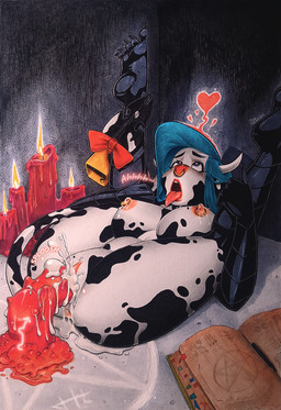 abdominal_bulge accessory ahegao anthro big_breasts blue_eyes blue_hair bodily_fluids book bow_(feature) bow_accessory bow_ribbon breasts butt candle consentacles cowbell cum cum_in_vagina cum_inside eye_roll facial_piercing female folded fucked_silly furgonomics genital_fluids genitals hair heart_eyes heart_symbol lactating leaking_cum leg_grab legs_up looking_pleasured lying milk moan nipple_piercing nipple_ring nipples nose_piercing nose_ring occult_symbol on_back orgasm penetration pentagram piercing ribbons ring_piercing septum_piercing solo spread_legs spreading summoning summoning_circle symbol tail tail_accessory tail_bow tail_ribbon tentacle_penetration tentacles text tongue tongue_out vaginal vaginal_penetration vulva puffinza brenda_(puffinza) bovid bovine cattle dairy_cattle holstein_friesian_cattle mammal hi_res