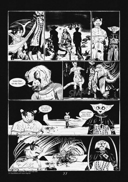 2_horns 5_fingers 7_panel_comic ambiguous_gender anthro biped black_eyes black_hair black_nose black_text blood bodily_fluids clothed clothing dialogue exclamation_point eyewear fingers fur glasses group hair horn kneeling looking_at_another male melee_weapon motion_lines open_mouth page_number profanity question_mark sharp_teeth sound_effects speech_bubble standing tail tail_motion tailwag talking_to_another teeth text torch weapon white_sclera white_text wounded leprzil canid canine domestic_cat felid feline felis gulonine mammal marten murid murine mustelid musteline oriental_shorthair rat rodent scalie 2025 artist_name comic english_text hi_res monochrome