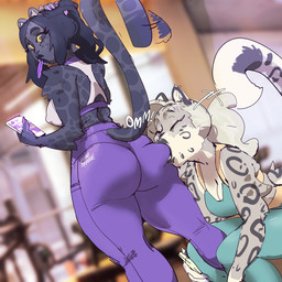 advertisement anthro bite black_body black_fur bottomwear butt butt_bite cellphone clothing duo electronics female female/female fur grey_body grey_fur gym leopard_spots markings nipple_outline pants phone smartphone spots spotted_body spotted_fur workout_clothing yoga_pants kenno_arkkan my_life_with_fel kyra_(nightargen) trace_(my_life_with_fel) felid leopard mammal pantherine snow_leopard 1:1 2023 digital_media_(artwork) hi_res