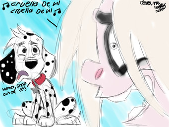 black_eyeliner black_nose black_spots blonde_hair collar collar_tag duo evil_grin eyeliner fur hair heterochromatic_ears light_body light_skin long_hair makeup male markings red_collar smile spots spotted_body spotted_fur star_collar_tag white_body white_fur white_spots cloudthehusky 101_dalmatian_street 101_dalmatians disney dylan_(101_dalmatians) hunter_de_vil canid canine canis dalmatian domestic_dog human mammal 4:3