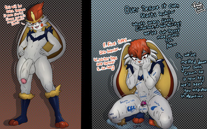 anthro balls big_ears big_penis body_writing braces broken_key chastity_cage chastity_device crouching degradation dialogue dripping_wet fur genitals hair hand_on_hip hand_on_own_hip humanoid_genitalia humanoid_penis key_disposal kneeling love_ball male metal_chastity_cage muscular muscular_anthro muscular_male navel nub_chastity_cage offscreen_dominant penis permanent_chastity_cage permanent_chastity_device pokeball pokeball_chastity_cage red_eyes red_hair shaking shivering solid_chastity_cage species_play standing submissive submissive_anthro submissive_male talking_to_another text tremble_lines vein veiny_penis water wearing_chastity_cage wearing_chastity_device wet wet_body wet_fur white_body white_fur writing_on_arm writing_on_balls writing_on_belly writing_on_chest writing_on_genitals writing_on_leg writing_on_thigh rhode_arts instant_loss_2koma nintendo pokemon cinderace generation_8_pokemon pokemon_(species) 2026 absurd_res digital_drawing_(artwork) digital_media_(artwork) english_description english_text hi_res