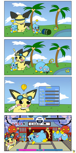 ambiguous_gender ball beach_ball blue_body blue_fur butt_attack container cookie cookie_jar exclamation_point eyewear eyewear_on_head food fur gameplay_mechanics goggles goggles_on_head group gui health_bar heart_symbol idea_bulb inflatable inflation jar male palm_tree plant question_mark scarf stat_display text tree water white_scarf yellow_body yellow_fur pichu90 nintendo pokemon sega sonic_the_hedgehog_(series) omochao sparks_pichu chao_(sonic) generation_2_pokemon pichu pokemon_(species) comic english_text hi_res