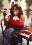 anthro beverage bottomwear chair choker clothing coffee female flower food furniture hair jewelry long_hair necklace plant purple_eyes restaurant rose_(flower) shirt sitting skirt solo table tank_top topwear intariart sapphire_(sapphireslsnap) canid canine fox mammal absurd_res hi_res