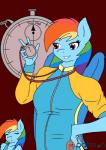 anthro blue_body blue_feathers clothed clothing comic equid equine feathered_wings feathers female friendship_is_magic hair hasbro hi_res linedraweer lyndor mammal multicolored_hair my_little_pony mythological_creature mythological_equine mythology pegasus rainbow_dash_(mlp) red_background simple_background smile solo teeth wings