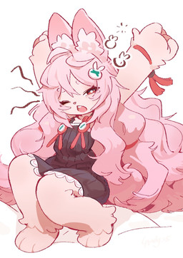 accessory anthro clothed clothing dress female hair hair_accessory looking_at_viewer pink_hair solo stretching waking_up young young_anthro young_female landypommel mihoyo zenless_zone_zero zhao_(zenless_zone_zero) lagomorph leporid mammal rabbit thiren hi_res adult_(lore)