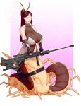 antennae_(anatomy) armwear belt big_breasts bottomless breasts brown_body brown_exoskeleton cleavage clothed clothing elbow_gloves exoskeleton female fingerless_gloves gloves gun hair half-closed_eyes handwear holding_gun holding_object holding_ranged_weapon holding_rifle holding_sniper_rifle holding_weapon lips looking_at_viewer multi_limb multicolored_body multicolored_exoskeleton narrowed_eyes nipple_outline open_mouth open_smile pink_lips ranged_weapon red_hair rifle simple_background smile sniper_rifle solo tan_body tan_exoskeleton tied_hair translucent translucent_clothing utility_belt weapon white_background materclaws animal_humanoid arthropod arthropod_humanoid arthropod_taur centipede centipede_humanoid centipede_taur humanoid myriapod myriapod_humanoid myriapod_taur taur absurd_res full-length_portrait hi_res portrait