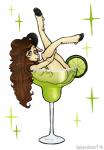 alcohol anthro beverage black_hooves breasts brown_hair butt cloven_hooves cocktail_glass container cup drinking_glass female fur glass glass_container glass_cup green_eyes hair hooves horn in_beverage in_container in_cup in_glass legs_up long_hair looking_at_viewer lying micro nude on_back side_view simple_background solo tongue tongue_out under_boob white_background white_body white_fur bebecake bovid caprine mammal sheep