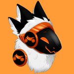 anthro black_ears fur machine male orange_background orange_eyes simple_background solo white_body white_fur ittybittiestpawz enduro_(character) protogen 1:1 headshot_portrait hi_res portrait