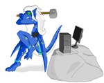ambiguous_gender angry anthro computer dragon electronics hair hammer kobanal long_hair low_res monitor mythological_creature mythological_scalie mythology reaction_image scalie solo tail tools unknown_artist white_hair