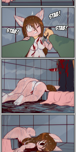 3_toes anthro areola barefoot barely_visible_genitalia barely_visible_vulva bathing blood bodily_fluids breast_wound breasts brown_hair butt chest_wound cruelty curvy_figure dead_eyes death dying fatal_wound feet female female_death genitals gore hair helpless hourglass_figure intruder killing knife motion_lines nipples nude onomatopoeia parody ryona scared scene_reference screaming shocked shower shower_curtain showering soap_bubbles soapy soles sound_effects stab struggling suds tears tears_of_pain text toes vulva washing_hair wet wince wound_on_chest wounded e254e psycho_(film) psycho_(movie) jfbelen canid canine canis mammal wolf absurd_res hi_res
