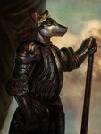 3:4 amber_eyes anthro armor belt day detailed detailed_background dexxler drapes fur grey_body grey_fur hi_res holding_object inspired_by_formal_art male mammal melee_weapon murid murine philomaeus plate_armor portrait pose rat rodent side_view sky solo staff standing sword three-quarter_portrait weapon white_body white_fur wreath