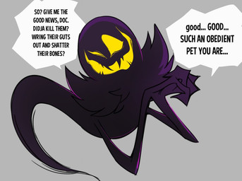 ambiguous_gender dialogue fangs grey_background long_arms looking_at_viewer not_furry purple_body sharp_teeth simple_background smile solo speech_bubble teeth text yellow_body glacierclear a_hat_in_time snatcher_(ahit) ghost spirit 2022 digital_media_(artwork) english_text