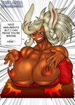 animal_ears animal_humanoid areola big_breasts blue_eyes breast_rest breasts brown_areola brown_nipples clothing dark_body dark_skin dialogue english_text exposed_breasts eyelashes fair_argument_(meme) fan_character female franchico1994 fur hair hi_res huge_breasts humanoid lagomorph lagomorph_humanoid leporid_humanoid long_hair mammal mammal_humanoid markings meme mole_(marking) mole_under_mouth motion_lines muscular muscular_female my_hero_academia nipples one_eye_closed rabbit_humanoid red_clothing red_topwear scar simple_background smile solo speech_bubble text thick_thighs topwear white_background white_body white_fur white_hair wide_hips