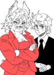 anthro blazer businesswear duo female male male/female necktie size_difference smaller_male whiskers kaneoya_sachiko felid feline human mammal 2024 digital_media_(artwork) monochrome