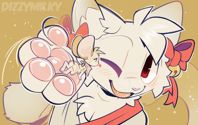 ambiguous/ambiguous ambiguous_gender anthro bell clothing duo fur handpaw heart_symbol kissing_cheek macro micro one_eye_closed paws red_eyes smile white_body white_fur dizzymilky domestic_cat felid feline felis mammal mouse murid murine rodent absurd_res digital_media_(artwork) hi_res