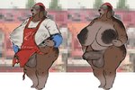 absurd_res anthro apron areola balls bangs basset_hound big_areola big_balls big_breasts big_nipples big_penis bodily_fluids breasts canid canine canis clothed clothing covered_eyes dizzyknight domestic_dog exhibitionism foreskin genital_fluids genitals grey_hair gynomorph hair hi_res huge_breasts hunting_dog intersex kerchief lactating lips long_ears mammal mature_intersex nipples partially_clothed penis penis_visible_through_clothing precum scent_hound shirt solo taki-san_(dizzyknight) tenting thick_bottom_lip thick_foreskin thick_penis thick_thighs topwear translucent translucent_clothing translucent_topwear white_clothing white_shirt white_topwear wide_hips