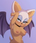 anthro areola bodily_fluids breasts eyeshadow female fur green_eyes looking_at_viewer makeup membrane_(anatomy) membranous_wings narrowed_eyes nipples nude simple_background solo sweat tan_body tan_skin white_body white_fur wings rengaboo sega sonic_the_hedgehog_(series) rouge_the_bat bat mammal 2023 hi_res