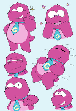 accessory ambiguous_gender anthro blush lying necktie open_mouth pink_body slightly_chubby smile solo standing wyvern967567 gameoverse glitch_productions gobbles_(gameoverse) dinosaur prehistoric_species reptile scalie 2026 hi_res
