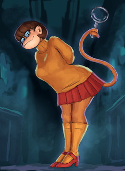 alternate_species anthro bangs bottomwear brown_body brown_eyes brown_fur clothed clothing eyewear female footwear fur furrification glasses hair hands_behind_back high_heels holding_object inside knee_highs knee_socks legwear magnifying_glass orange_clothing orange_sweater orange_topwear pleated_skirt prehensile_tail shoes short_hair skirt smile socks solo standing sweater tail topwear turtleneck redustheriotact hanna-barbera scooby-doo_(series) velma_dinkley haplorhine mammal monkey primate 2022 hi_res