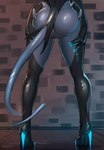 anthro black_body bubble_butt butt butt_focus female genitals glistening glistening_body glistening_butt grey_body handles_on_hips high_heeled_feet multicolored_body nude nude_female pussy solo tail two_tone_body rainset unknown_species 2024 absurd_res hi_res