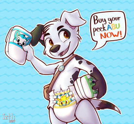 anthro bag brown_eyes clean_diaper clothed clothing diaper diaper_bag looking_at_another male peekabu_(diaper) selling solo text wearing_diaper young young_anthro young_male iztli abuniverse peekabu canid canine canis dalmatian domestic_dog mammal 2024 english_text hi_res