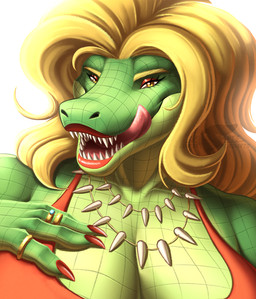 anthro big_breasts blonde_hair breasts claws clothed clothed_anthro clothed_female clothing diamond_(gem) digit_ring female finger_claws fingers front_view gem gold_ring green_body green_scales hair half-closed_eyes humanoid_hands jewelry licking licking_lips long_hair looking_at_viewer narrowed_eyes non-mammal_breasts open_mouth open_smile orange_eyes red_clothing red_topwear ring scales seductive sharp_teeth simple_background smile solo teeth tongue tongue_out tooth_necklace topwear wedding_ring white_background skyford brazilian_mythology cuca_(brazilian_mythology) alligator alligatorid crocodilian reptile scalie bust_portrait colored portrait shaded
