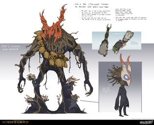 3_heads 5_fingers 6_horns black_body black_skin blue_sclera brown_claws brown_hair butt claws climbing climbing_on_another clothing directional_arrow disembodied_hand empty_eyes featureless_crotch featureless_feet feet female female_humanoid finger_claws fingerless_gloves fingers gloves glowing glowing_eyes grey_clothing grey_fingerless_gloves grey_gloves grey_handwear group hair handwear holding_bell horn horned_mask humanoid_pointy_ears larger_female larger_humanoid long_ears long_nose looking_up_at_another male male_humanoid mask mask_only multi_head multi_horn not_furry nude nude_female nude_humanoid overweight overweight_humanoid overweight_male plant plant_hair pointy_ears pseudo_hair rectangle red_face red_horn roots rope short_hair simple_background size_difference smaller_humanoid smaller_male solo standing tan_fingers text white_mask yellow_sclera cristina_lavina_ferez highguard_(game) boney_(highguard) gus_(highguard) mooch_(highguard) tree_mother_(highguard) horned_humanoid humanoid spirit wisp_(highguard) wisp_guardian_(highguard) 2026 absurd_res artist_name colored concept_art digital_drawing_(artwork) digital_media_(artwork) english_description english_text hi_res multiple_images official_art shaded