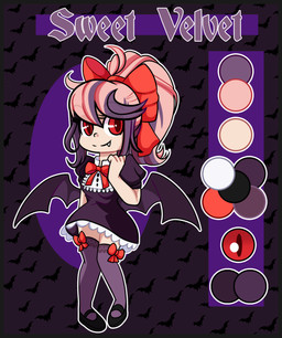 alternate_species alternative_fashion bat_wings black_border border bottomwear clothed clothing dress female footwear fully_clothed goth gothic_lolita hair humanoidized j-fashion legwear lolita_(fashion) mary_janes membrane_(anatomy) membranous_wings multicolored_hair not_furry red_eyes shoes skirt smile socks solo wings young young_female young_humanoid xwhitedreamsx sweet_velvet humanoid mammal vampire absurd_res cel_shading hi_res model_sheet shaded